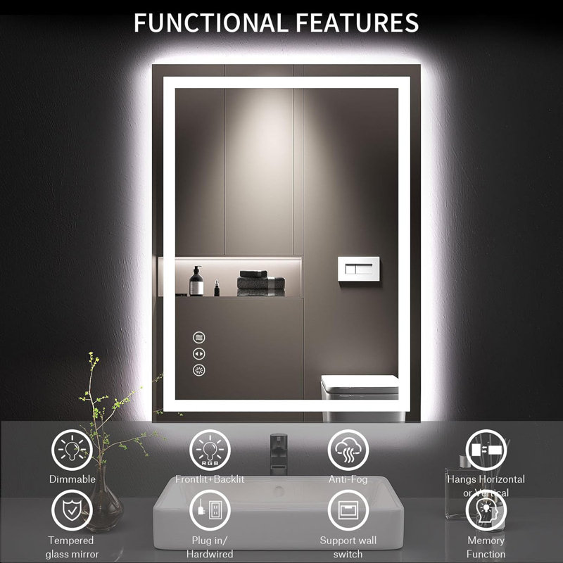 24X32 LED bathroom mirror with light, anti-fog, dimmable, backlight + front light
