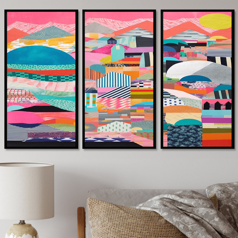 Ensemble de salon mural Billerica - Collages abstraits, Cadre flottant noir, H 28 po x l 36 po x P 1 po