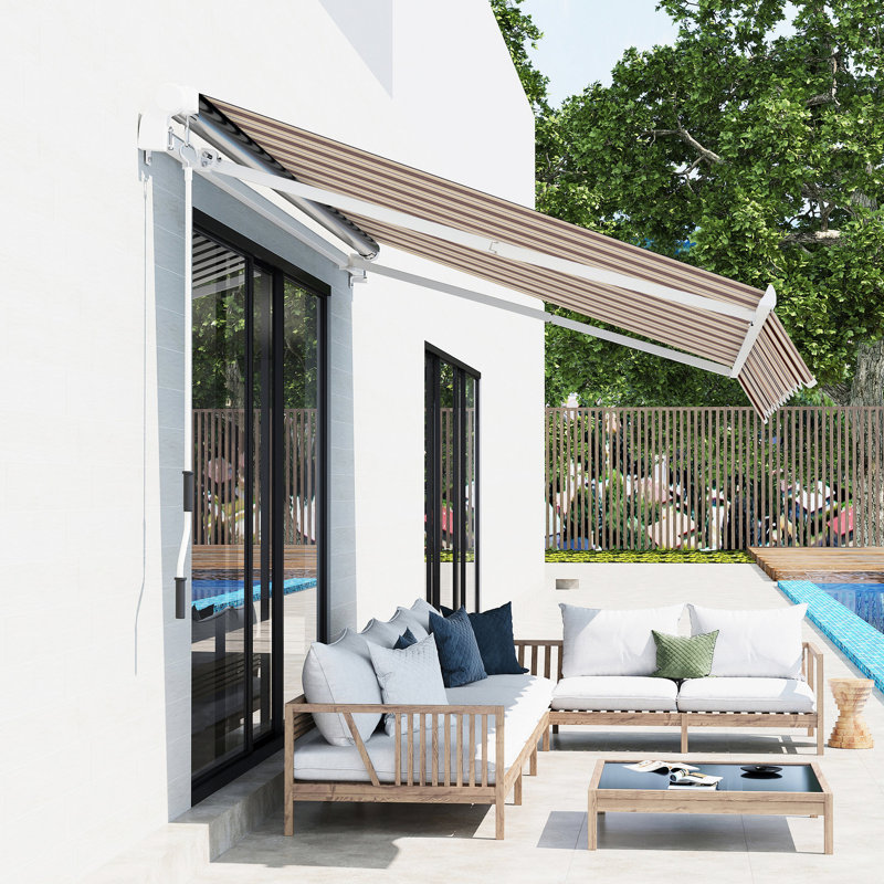 13' X 8' Retractable Patio Awning - & Water Resistance, Manual Crank, Aluminum Frame, Red Stripes For Balcony Yard Crank Handle,