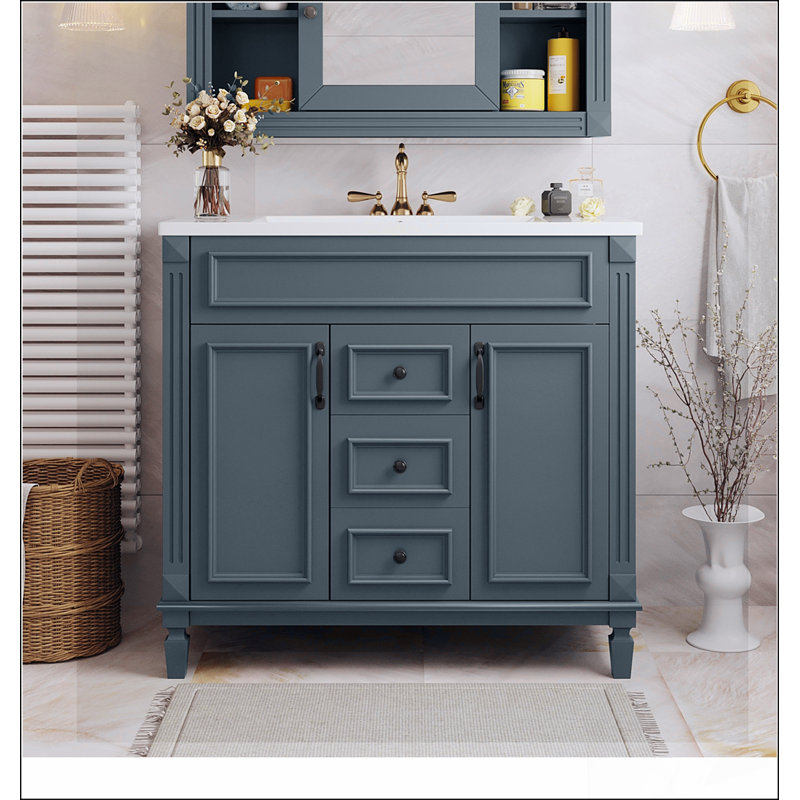 Meuble-lavabo 36 po avec lavabo supérieur, armoire de rangement moderne avec 2 portes à fermeture douce et 2 tiroirs, meuble-lavabo simple