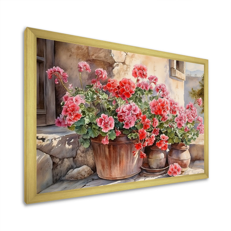 Poteries Geraniums Sunset - impression, H 12 po x l 20 po x P 1 po, Cadre doré simple