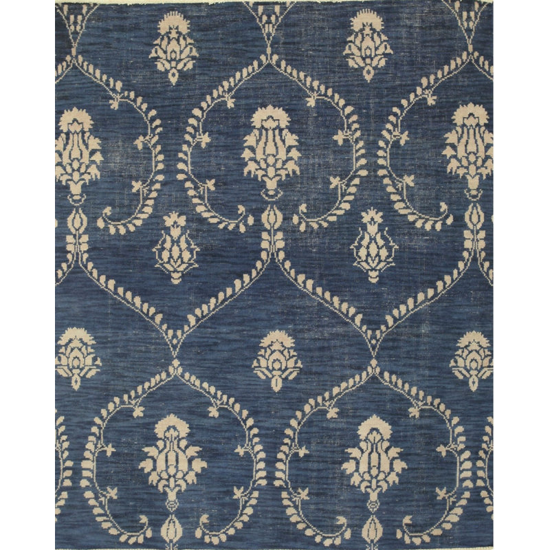 Blue Hand-Knotted Wool Floral Trelliswork Geometric Modern Contemporary Carpet Rug, 6' x 9'