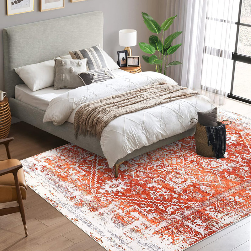 Rectangle Floral Washable Area Rug, Orange, Rectangle 160 x 230 cm