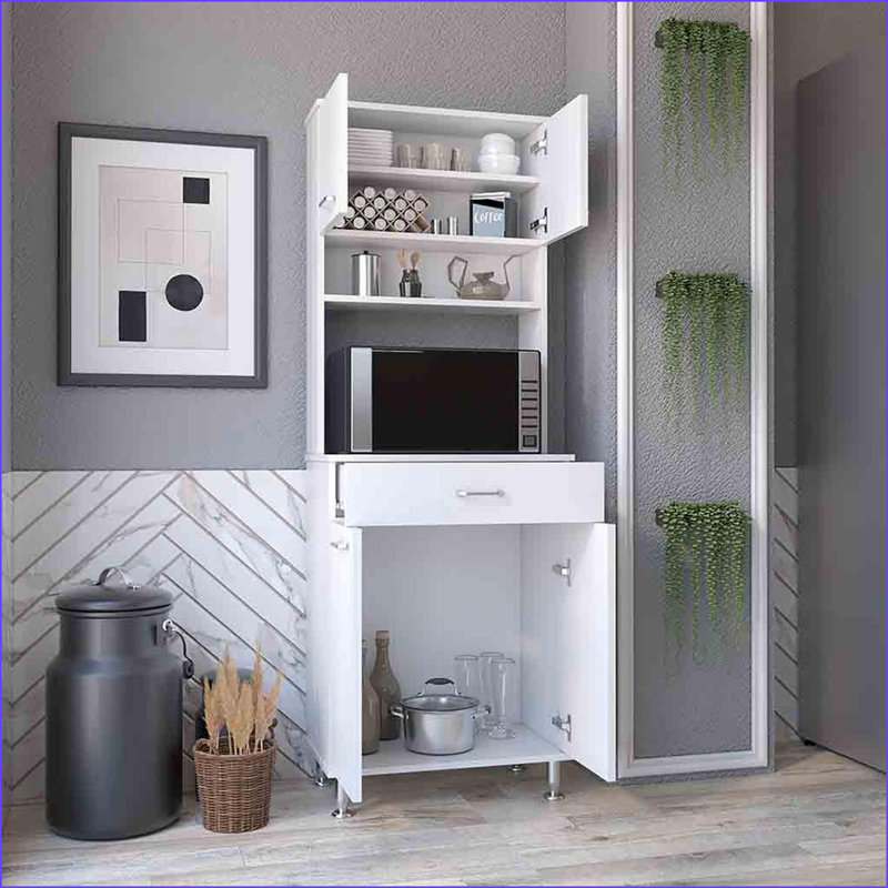Armoire garde-manger H 67 po, 4 portes, 1 tiroir, rangement pour micro-ondes, blanc | Panneau de particules | Panneau de particules