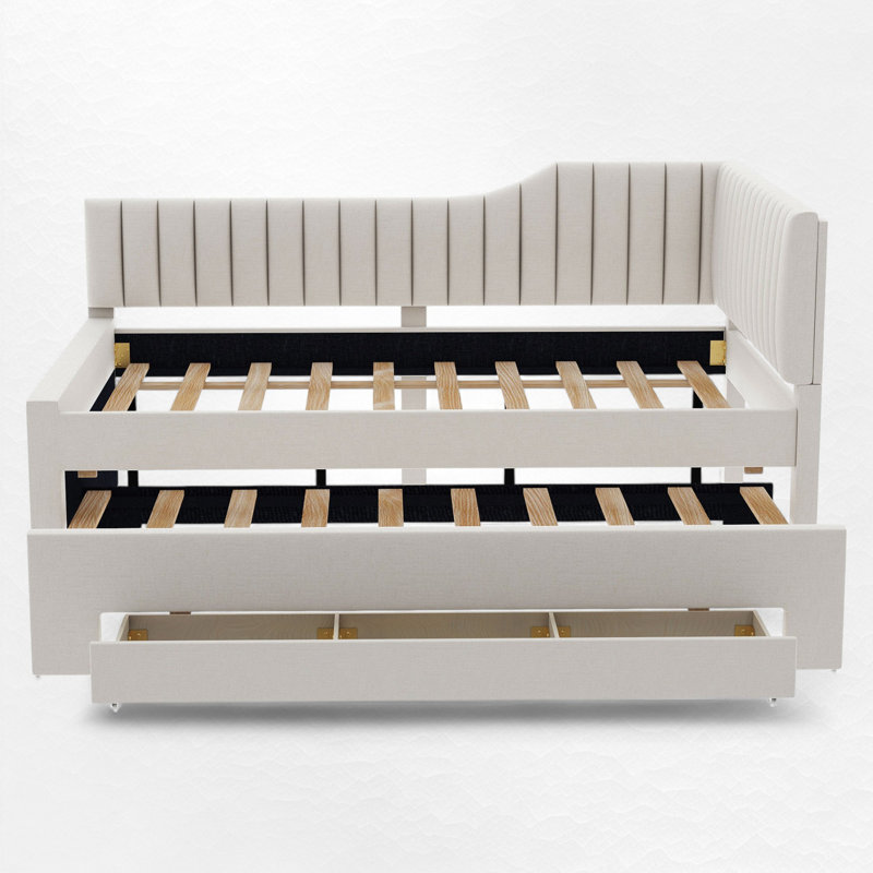 Upholstered Daybed With Trundle And Drawer, Beige, Full/Double