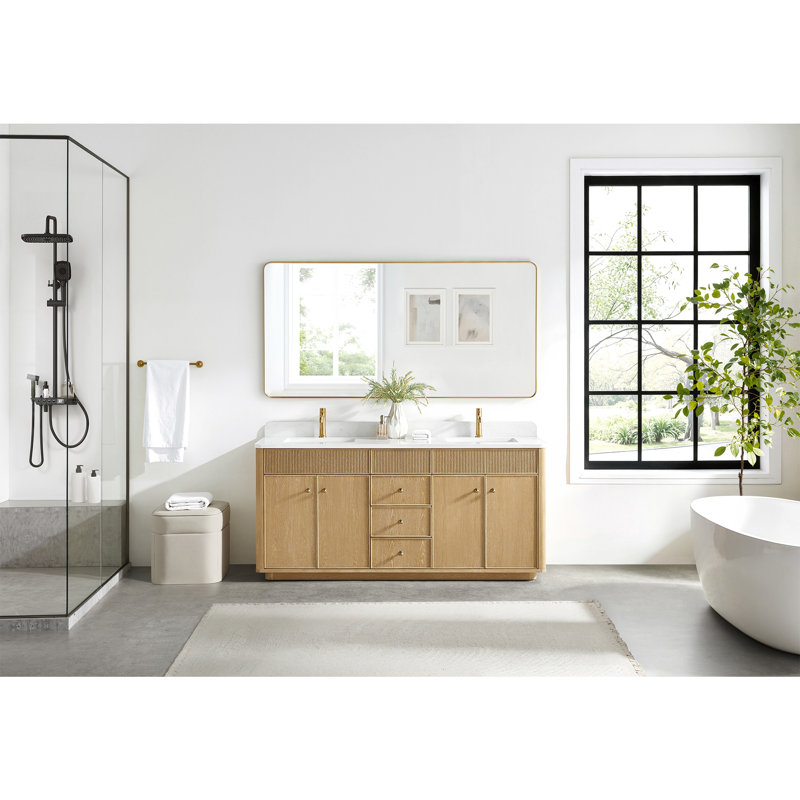 Meuble-lavabo à double cuve en gris cendré lavé avec dessus en pierre composite Stanwell, Gris cendré délavé
