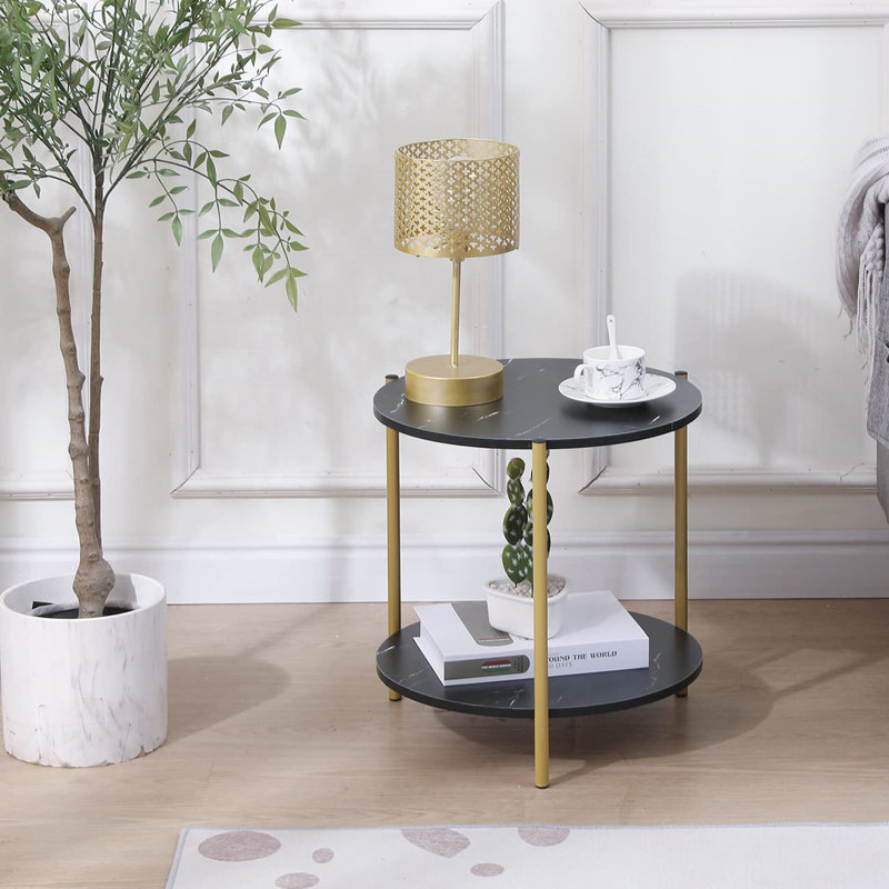 Living Room Marble Effect Sofa Side Table Round With Storage Shelf, 2 Tiers Little End Table Small Coffee Table Snack Tea Table Corner Bedroom Beside Table Nightstand (Black)