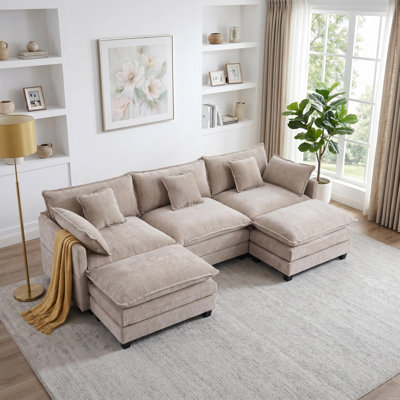 108" Wide Deep Seat Modular Chenille U-Shaped Sectional Sofa with 2 Ottomans and Pillows