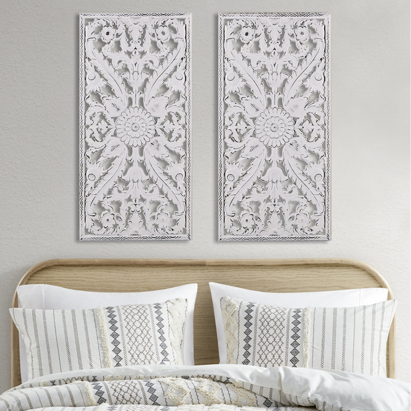 Décoration murale en bois vieilli 2 - Motif de fleur de lotus, fini blanc délavé, utilisation à l'intérieur seulement, style maison blanchie