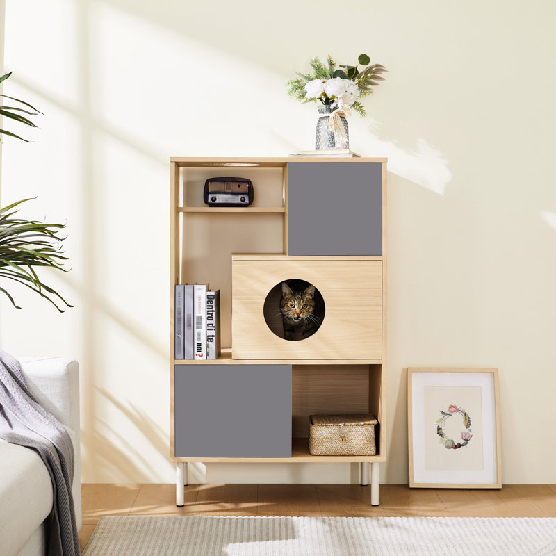 Bibliothèque pour chat avec rangement - sophistiquée moderne, naturel + blanc, 42,79 po Hauteur, profondeur 27,92 po, largeur 15,39 po, poids chic 66,66 lb, poids, largeur