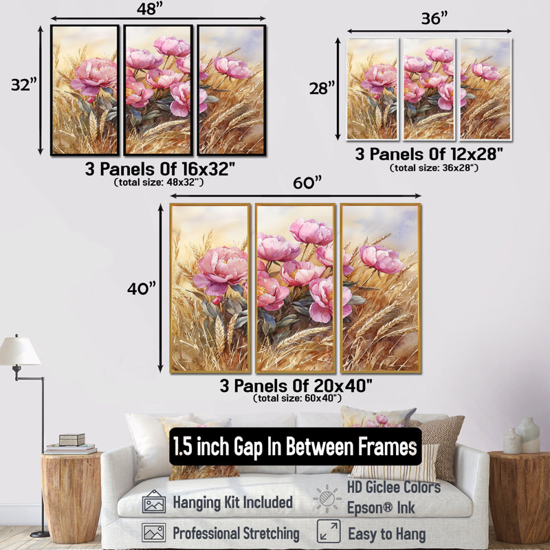 Pivoines dans le champ de blé II - art mural pivoines - ensemble de 3, H 28 po x l 36 po, Blanc