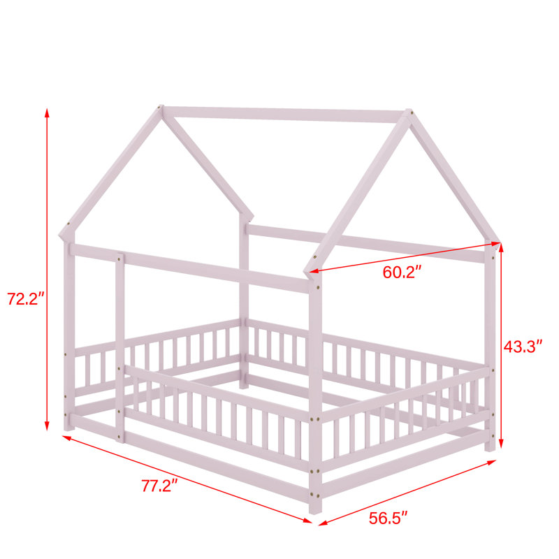 Lit en bois avec toit House House, Lit double, Rose