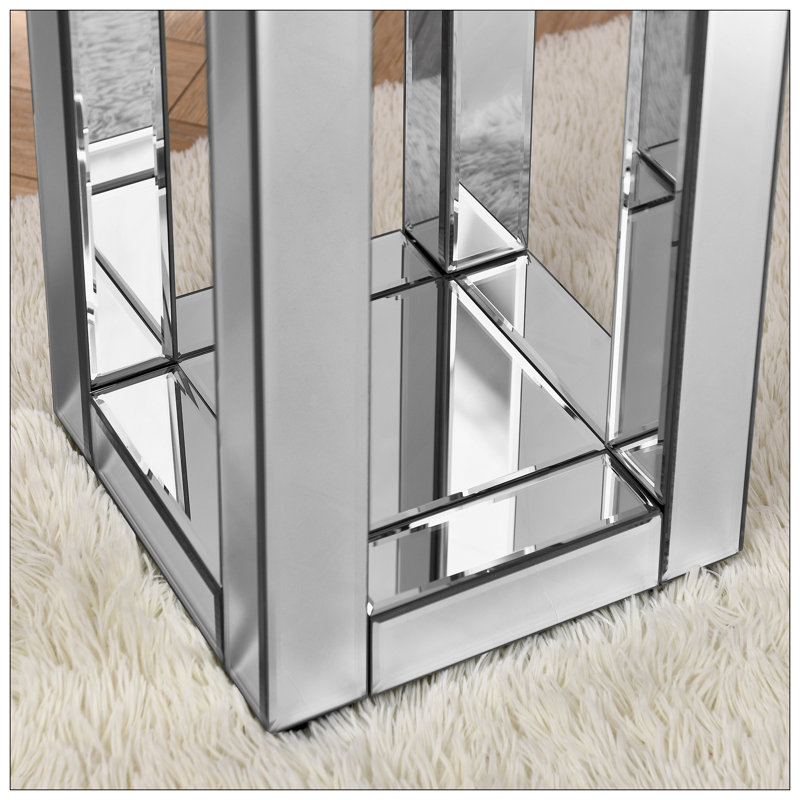 Mirrored End Table Square With Crystals Inlay, 2-Tier Modern Small Sofa Table With Storage, Silver Accent Table For Living Room, Bedroom, Coffee, And Small Spaces 11.8"D X 11.8"W X 26"H