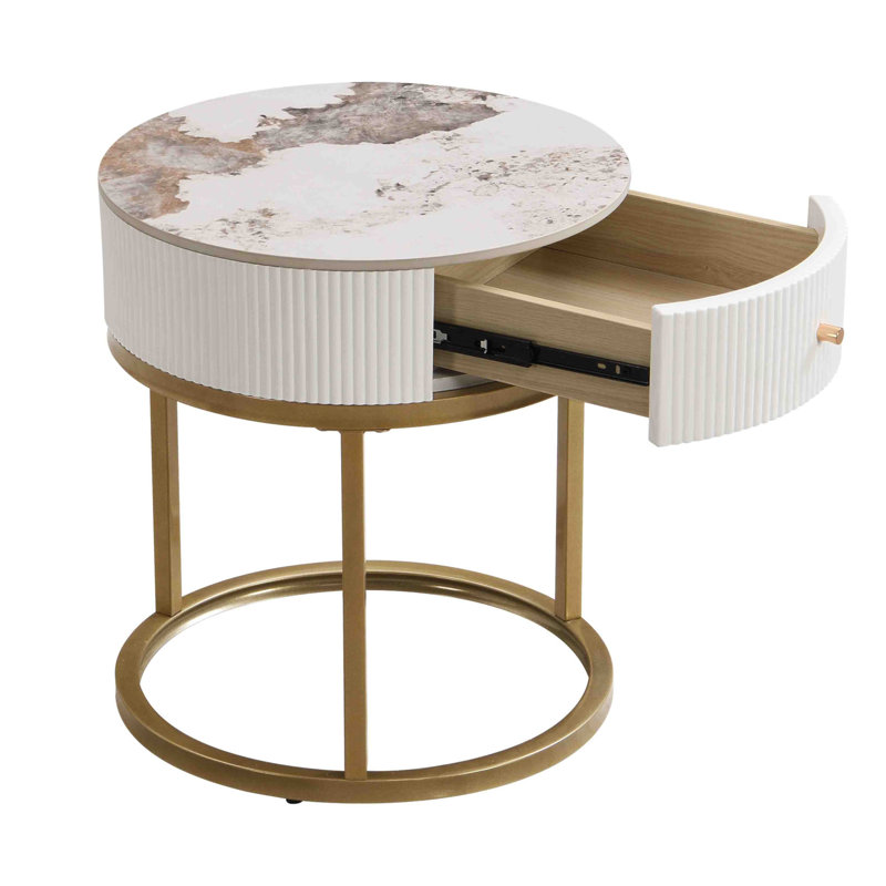 Table d'appoint ronde avec tiroir, Blanc, Doré