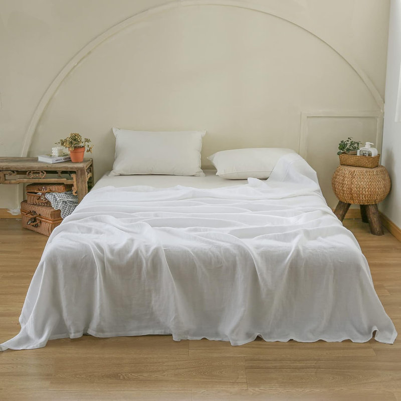 French Flat Sheet With Embroidered Border-100% Stone Washed Flax Bedding, White, Queen
