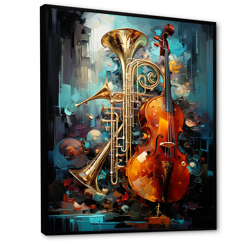 «Trombone Violen Tribute Jazzed Jade» sur toile, Cadre flottant noir, H 32 po x l 24 po x P 1 po