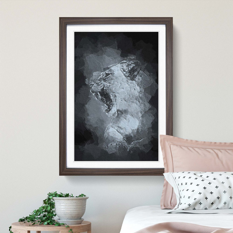 Fierce Lioness in Abstract - Picture Frame Painting Print, 48cm H x 36cm W x 2cm D, Walnut Framed