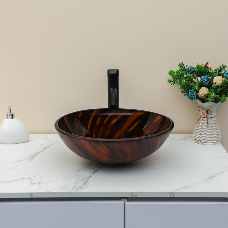 16.5" Circular Glass Bathroom Sink Vessel Sink with Pop-Up Drain