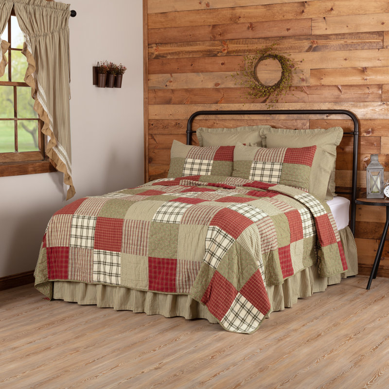 Reversible Red Cotton King Quilt with Sage Green Backing