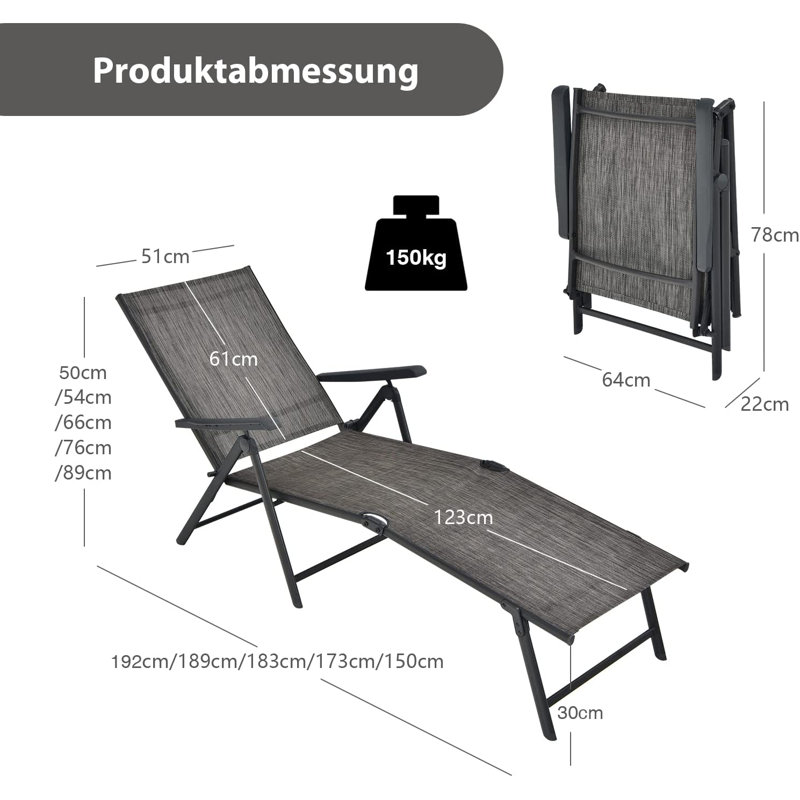 Ivans 192cm Long Reclining Single Lounger, Grey