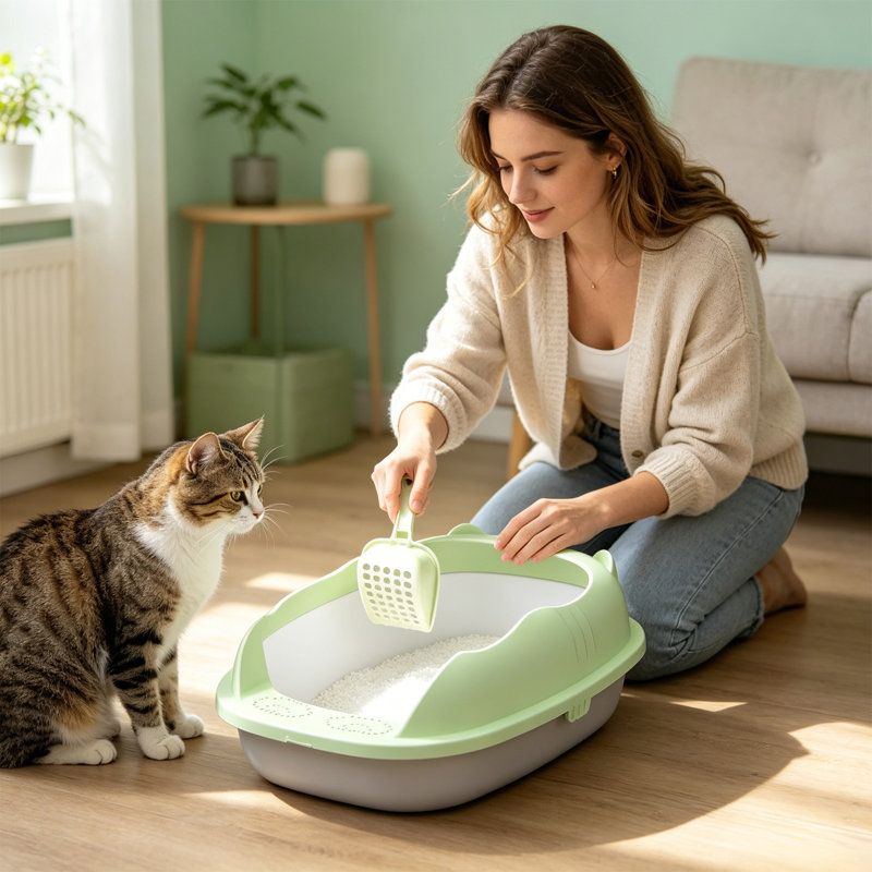 Bac à litière semi-fermé pour chat avec pelle, vert, Vert