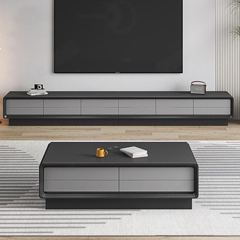 Meuble télé avec 6 tiroirs et base pleine, Noir/gris