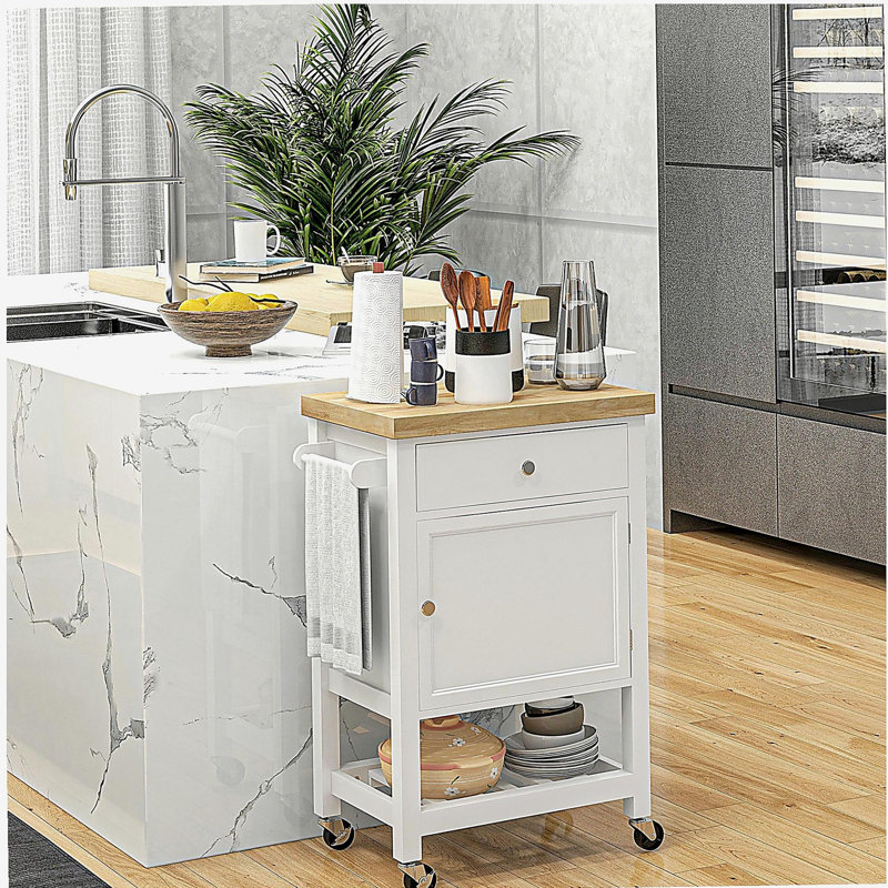 Chariot de cuisine pratique, îlot de cuisine roulant avec plateau en bois d'hévéa lisse, avec surface de coupe étroite sur les roues, tiroirs de rangement et armoires, blanc