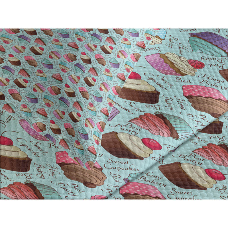 Ambesonne Cupcake Bedspread Set Pastry Cakes Calligraphy Multicolor, King Bedspread + 2 Standard Shams