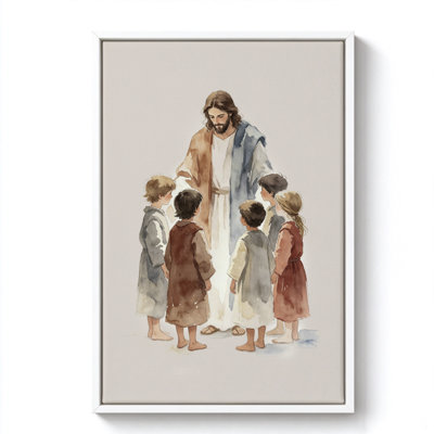 Jesus with Children, White Framed Canvas Wall Art, 24" x 36", Modern Wall Decor for Living Room and Bedroom