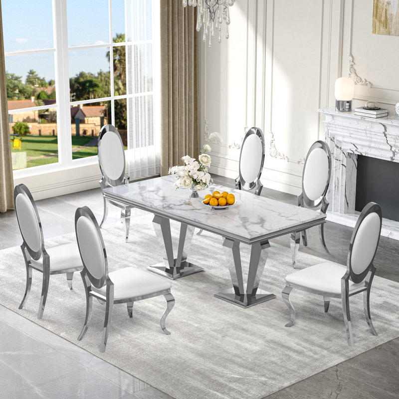 7-Piece Dining Table Set, Marble Veneer Mdf Dining Table, With 6 Faux Leather Dining Chairs, White/Silver/White