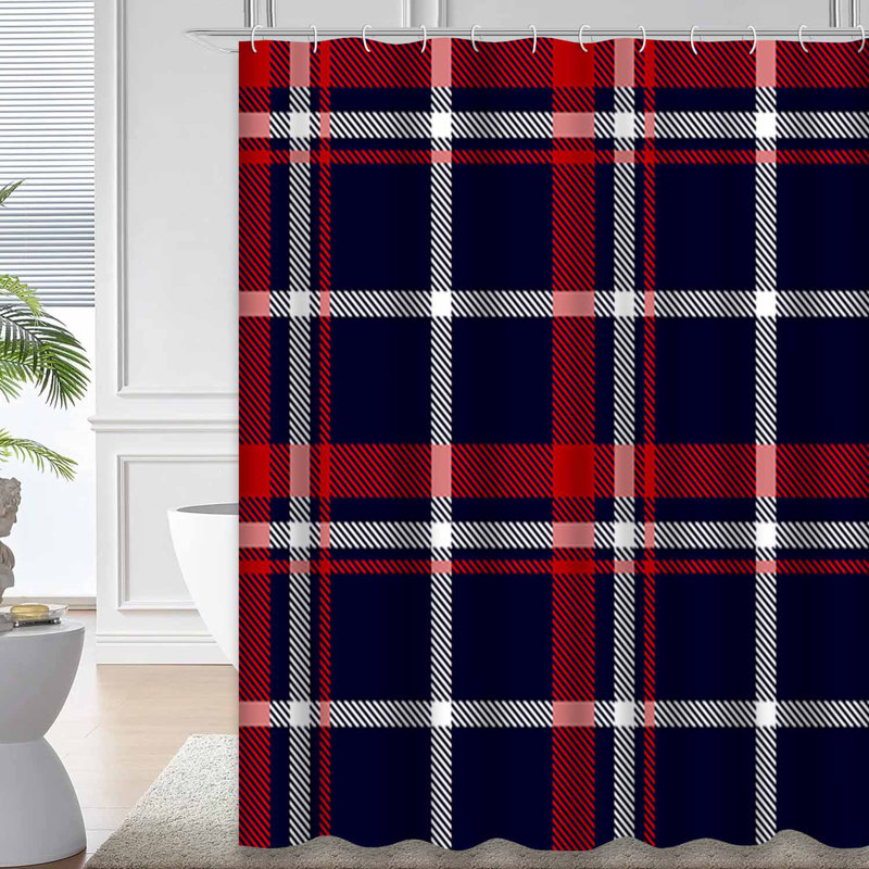 Rideau de douche bleu, rouge, blanc, tartan, écossais avec 12 crochets, L 72 po x l 84 po