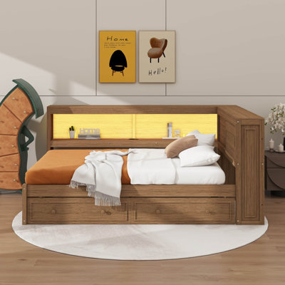 Lit de jour double en bois avec tablettes de rangement intégrées, éclairage USB et DEL et deux tiroirs sur cadre en bois