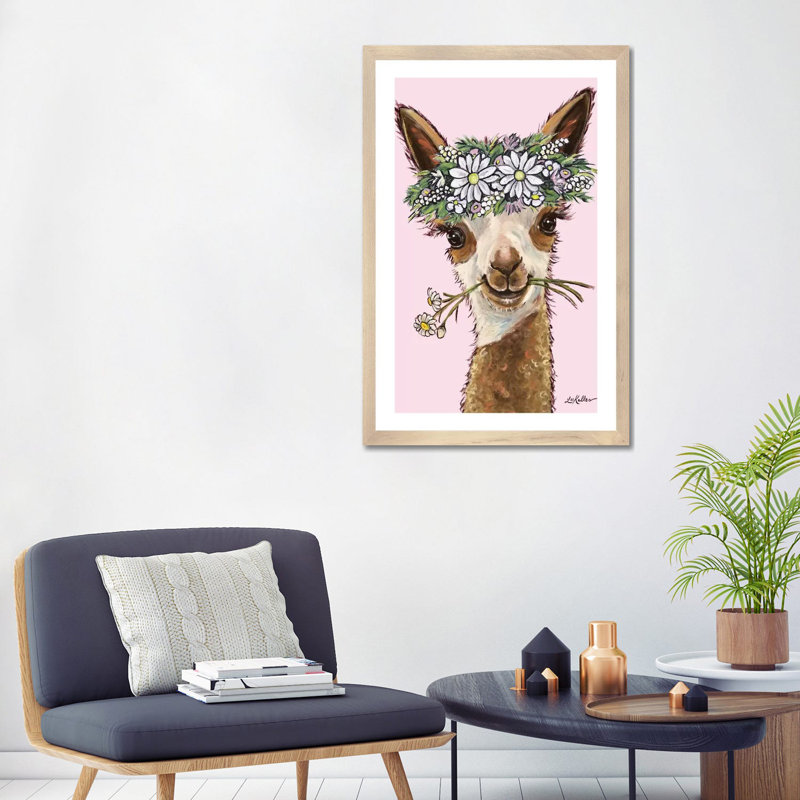 «Rosie the Alpaca with Daisies on Pink» par Hippie Hound Studios - reproduction d'art, H 32 po x l 24 po x P 1 po, Blanc