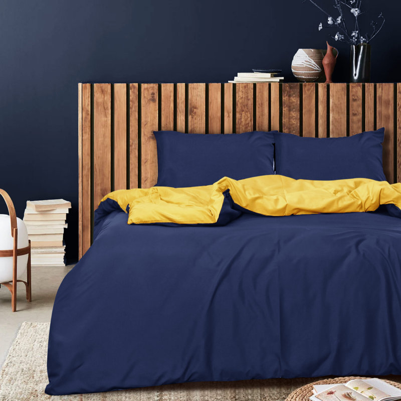 Aglaee Polyester Solid Colour Duvet Cover Set with Pillowcases, Double - 2 Standard Pillowcases, Navy/Ochre