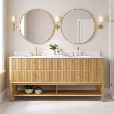Ensemble de meuble-lavabo double autoportant de 72 po avec tiroirs et dosseret cannelés, entièrement naturel, 72 po