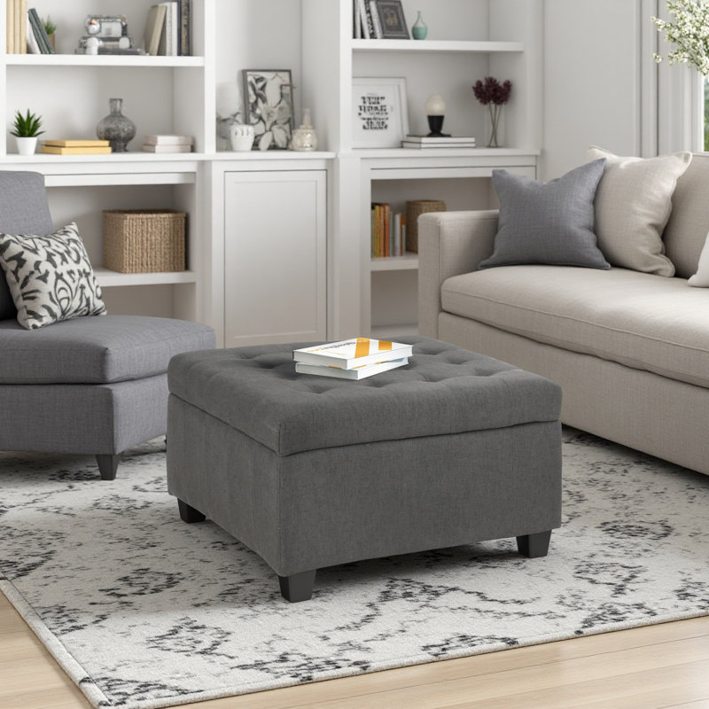 Repose-pieds rembourré en tissu capitonné avec rangement, design moderne, Gris foncé