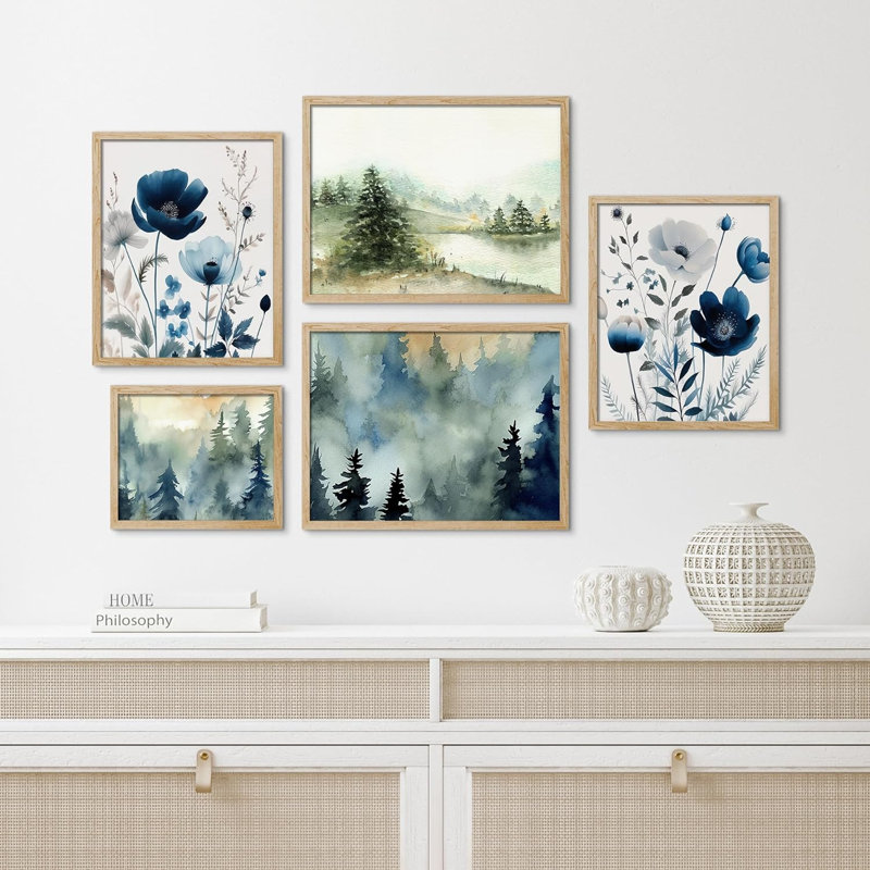 " Watercolor Pine Tree Forest Flower Nature Digital " 5 - Pieces, Natural Framed
