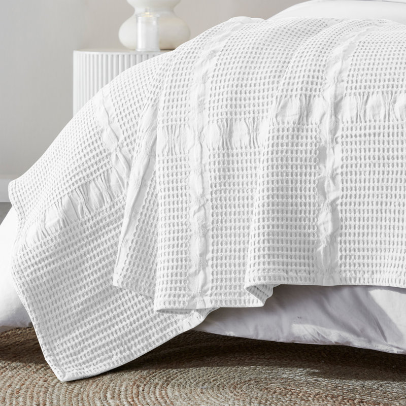 Couverture 100% coton à texture alvéolée Mai Waffle, Blanc, Très grand lit