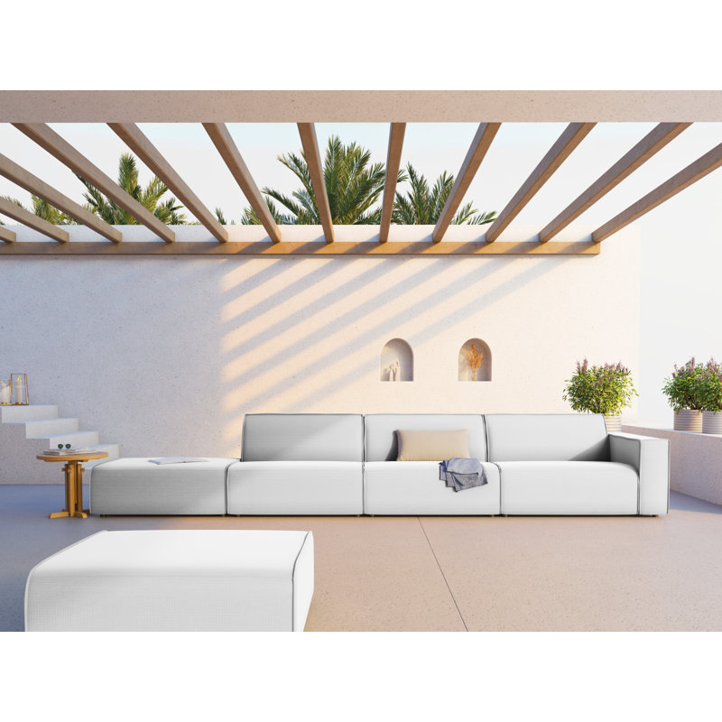 384cm Wide Wood Patio Sofa with Cushions, Light Grey