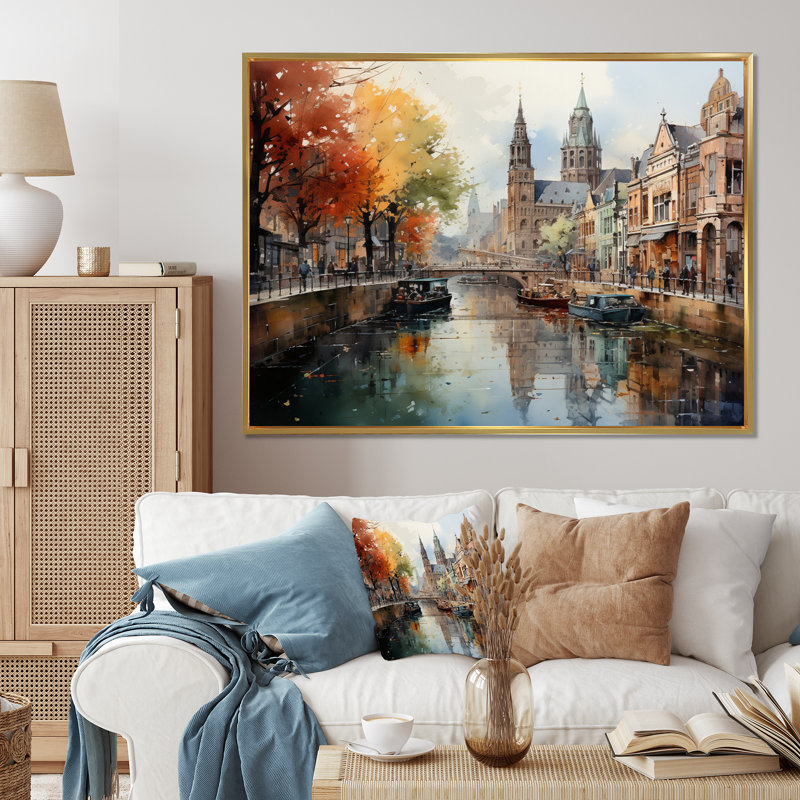Paysage urbain de Beige Canal Urban Reflections - impression, Cadre flottant doré, H 24 po x l 32 po x P 1 po