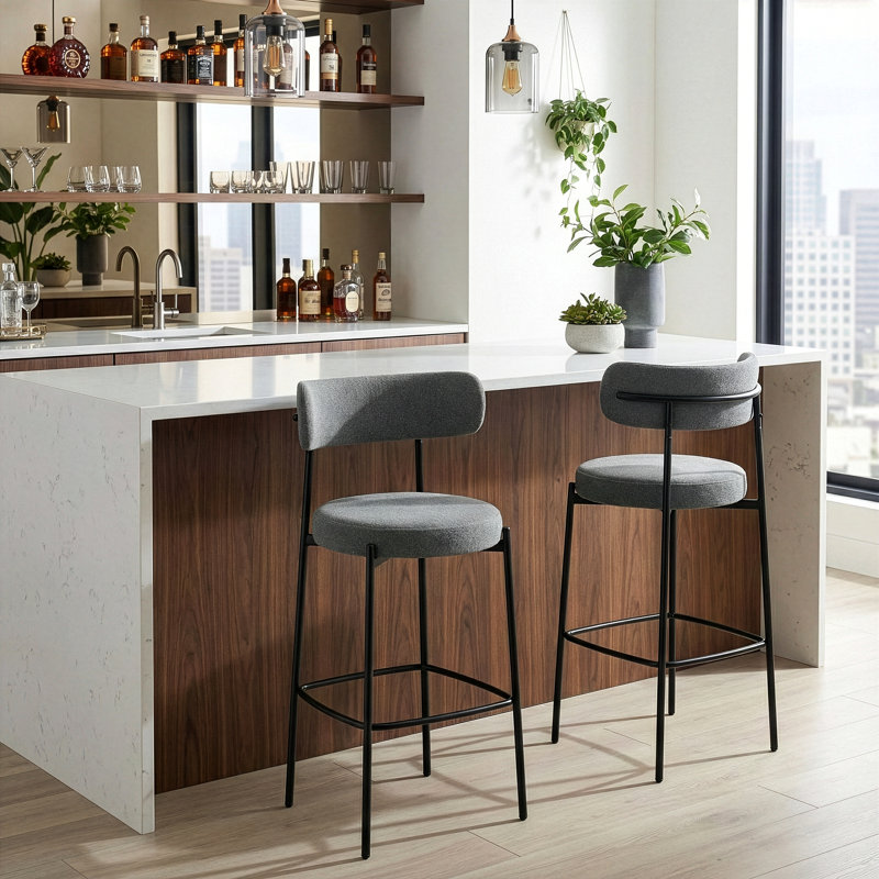 Kibariye Upholstered Counter Stool with Metal Frame, Counter Stool (27" Seat Height), Gray