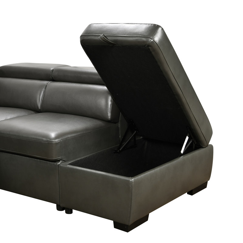 103" Wide Faux Leather Sectional Sleeper Sofa With Adjustable Headrest ,Sleeper Sectional Pull Out Couch Bed With Storage Ottoman And 2 Stools