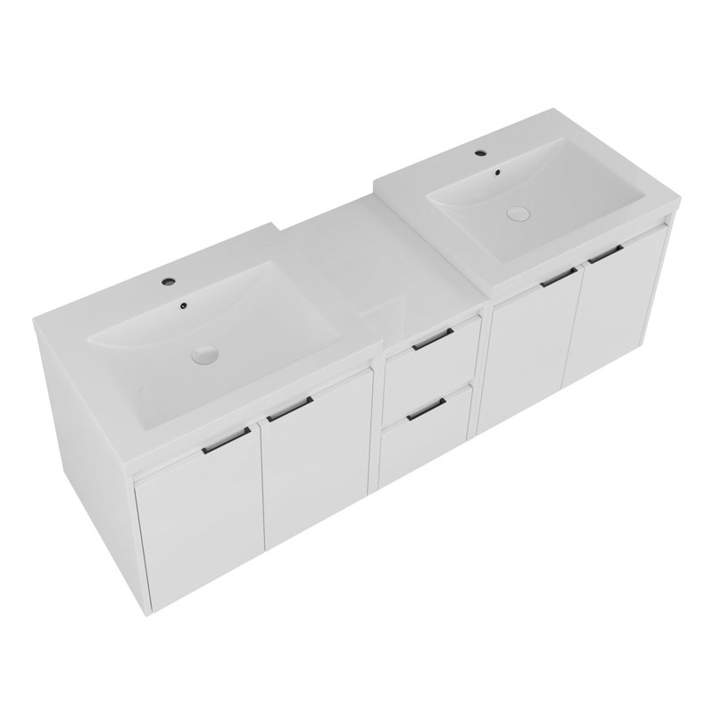 Meuble-lavabo de 60 po avec lavabo en résine, portes à fermeture douce et armoire à 1 côté, montage flottant, blanc brillant, contreplaqué (emballage KD) - 24 po x 2 + 12 po