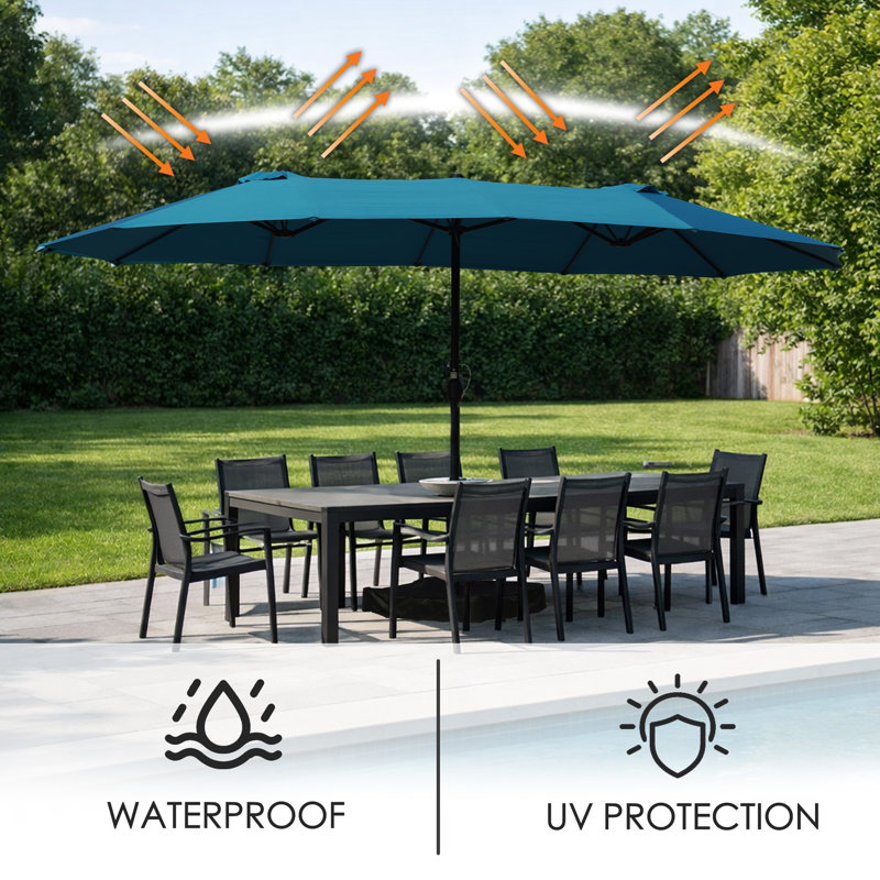 Parasol rectangulaire double face Kozyard 15 pi, base incluse, parasol d'extérieur à manivelle avec protection UV pour la cour, la piscine et le jardin - bleu
