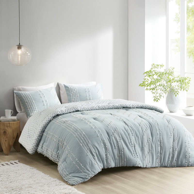 Édredon 3 pièces en coton - rayures brodées et élégantes pour grand lit 3 dans une texture lisse de couleur naturelle