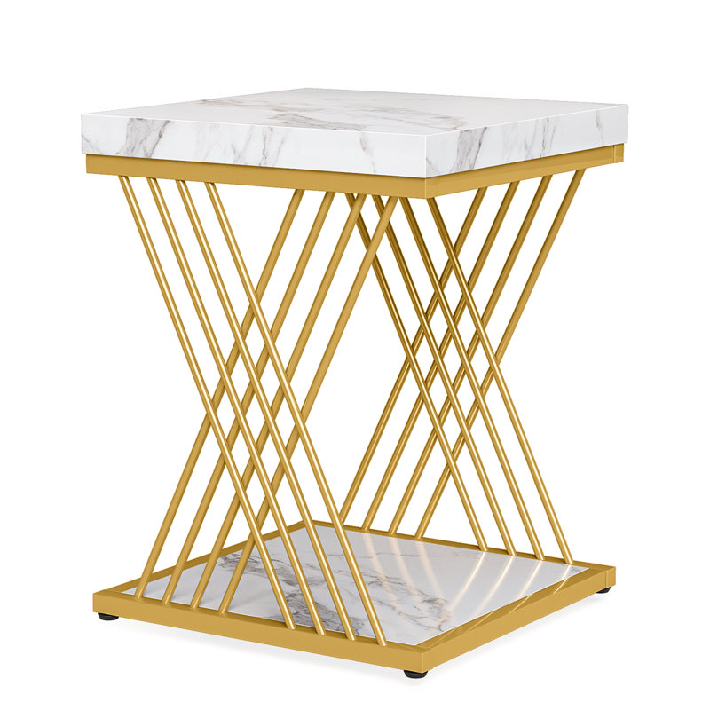 25.6'' Tall Square End Table Set, White Top/Gold Base