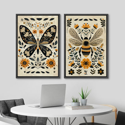 «Butterfly Bee Animal and Boho Floral Botanical Decor», reproduction d'art sur toile encadrée 2 pièces