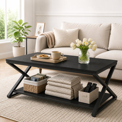 Coffee Table for Living Room, 2 Tier Tea Table, 39 inch, Black Oak Industrial Metal Wood Coffee Table with Storage, Farmhouse Wooden Rectangle Center