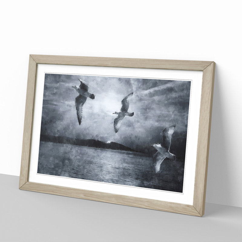 Three Seagulls - Picture Frame Graphic Art, 36cm H x 48cm W x 2cm D, Oak