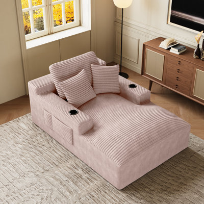 76" D Oversized Corduroy Indoor Chaise Lounge with Deep Seat and  Cup Holders